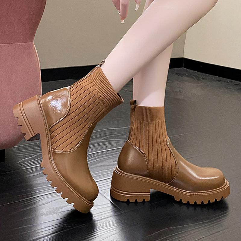 Мода Rimocy Женская мода Платформа Ботильоны Осень Зима Толстый каблук Вязаные Короткие Сапоги Женские Слипоны PU Кожаные Ботинки Mujer