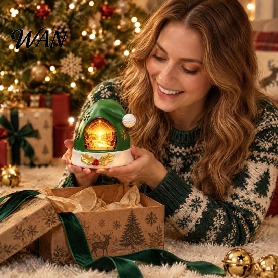 Cute Christmas Desk Accessory Hat Ornament with Light, Resin Festive Holiday Figurine, Lamp Glittering Seasonal Craft for Living Room Window