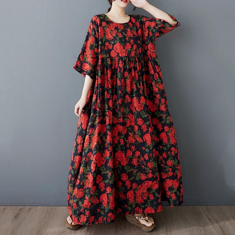 Новое винтажное платье с цветочным принтом больших размеров с коротким рукавом для женщин, повседневное свободное длинное летнее платье