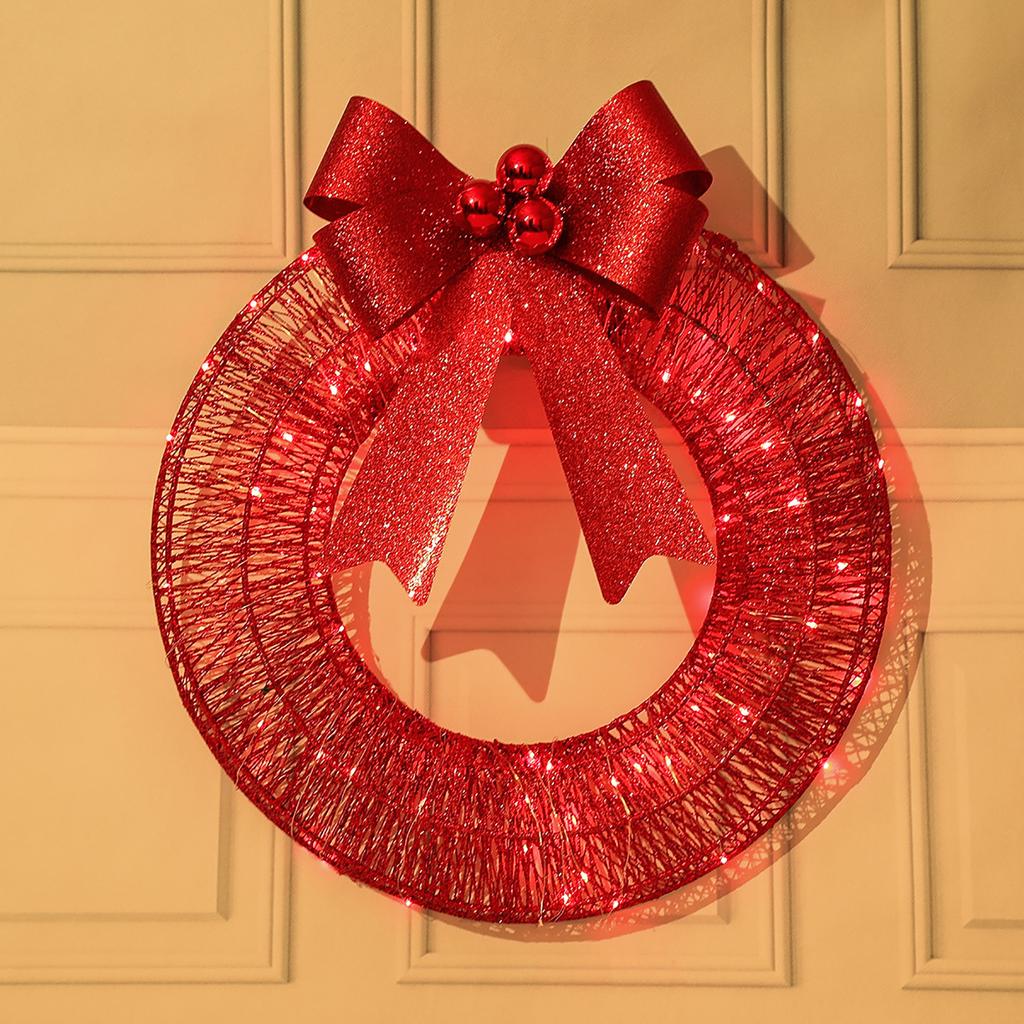 Christmas Metal Light Up Wreath With LED Warm Lights And Ribbon Bow Holiday Decoration
