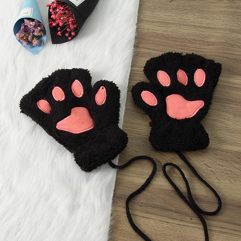 Winter Cute Cartoon Half-Finger Fleece Gloves for Women, Bear & Cat Paw Design.