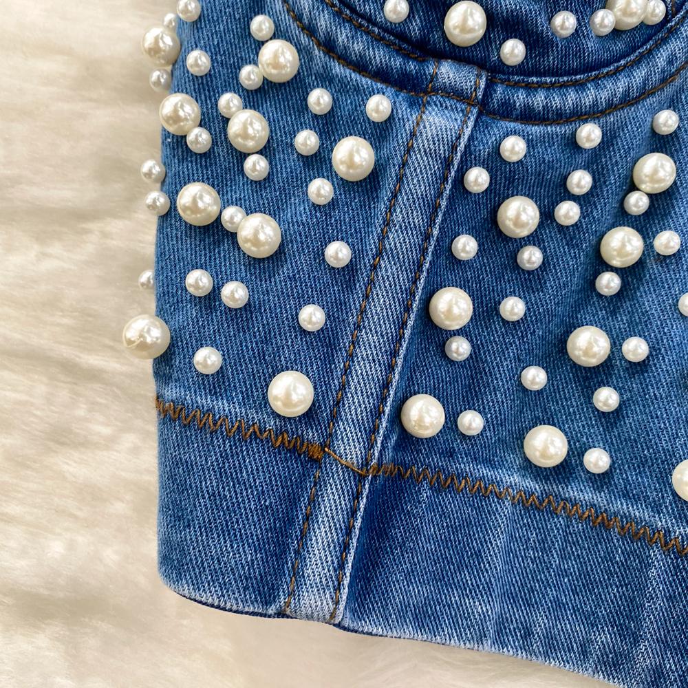 Летний женский сексуальный клубный джинсовый бюстгальтер на бретельках, роскошный бюстгальтер-поло с жемчугом и бисером, облегающее Корректирующее белье для танцев