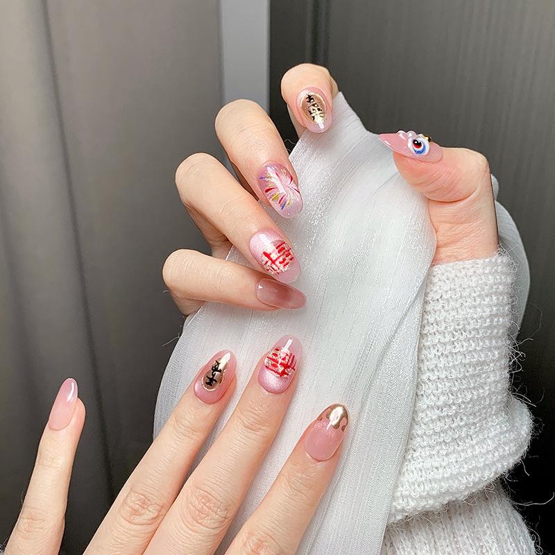 Premium Pure‑Handmade Short Press‑On Nails Autumn‑Winter Chinese‑Style 3D‑Lion‑Dance New‑Year False Nail Tips
