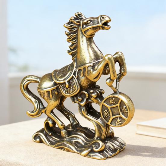 Мини Латунная Статуэтка Счастливой Лошади с Монетой Китайский Новый Год Фэн-шуй Талисман Лошади Винтажная Медная Скульптура Зодиакального Животного для Богатства Удачи