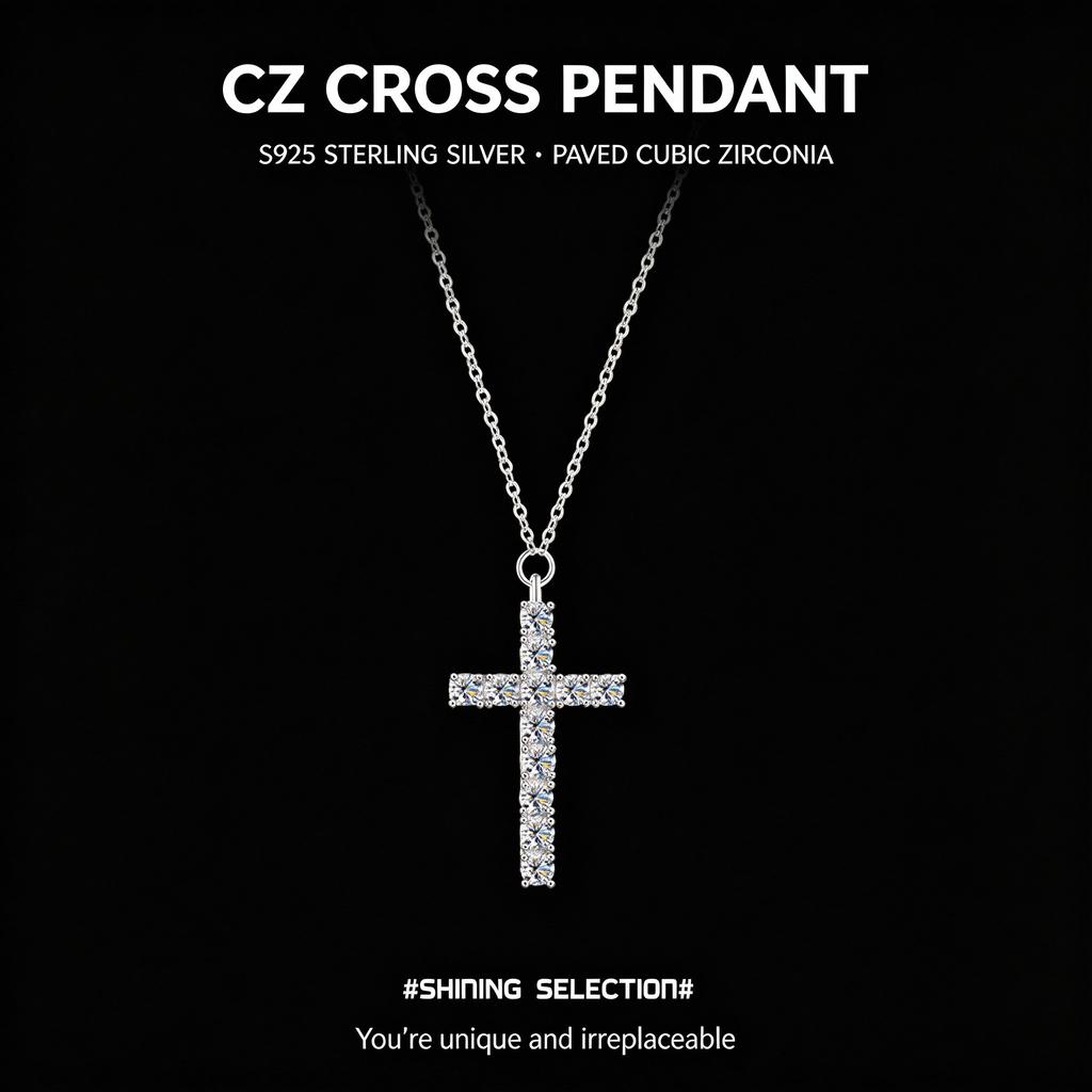 S925 Sterling Silver CZ Cross Pendant Necklace, Paved Crystal Crucifix Charm Clavicle Chain, Sweet Wedding Jewelry Gift for Women