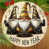 The New Year Wooden Sign with Gnomes Pattren, Happy New Year Round Sign for Front Door Wall Hanging Decor, Ideal Festival Decoration