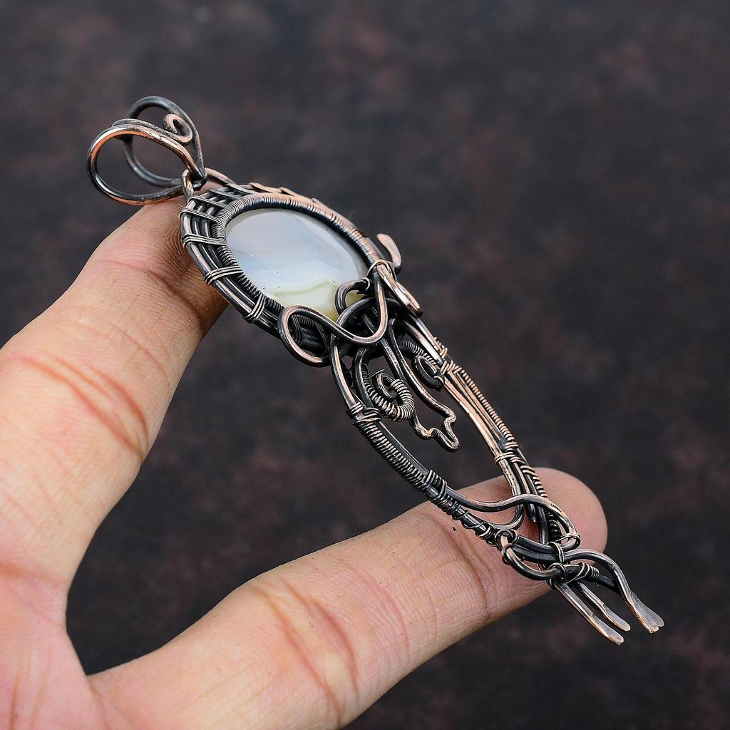 Подвеска из агата Ботсваны, подвеска из медной проволоки с драгоценным камнем, ювелирное изделие ручной работы, подвеска в этническом стиле, подвеска с камнем по рождению, медные ювелирные изделия для подарка