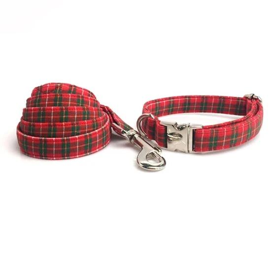 Dog Collar with Bow Tie Christmas Red Plaid Metal Buckle Big and Small Dog Cat Necklace and Dog Collar Leash Set Pet Accessories
