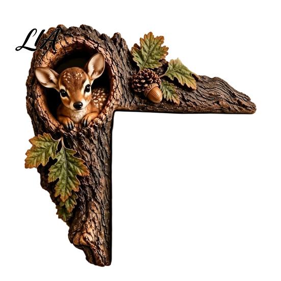 Decorative Tree Hole Sculpture Chipmunk Hollow Door Topper, Woodland Animal Frame Decor, Rustic Wood Charming Lodge Style Ornament Corner for