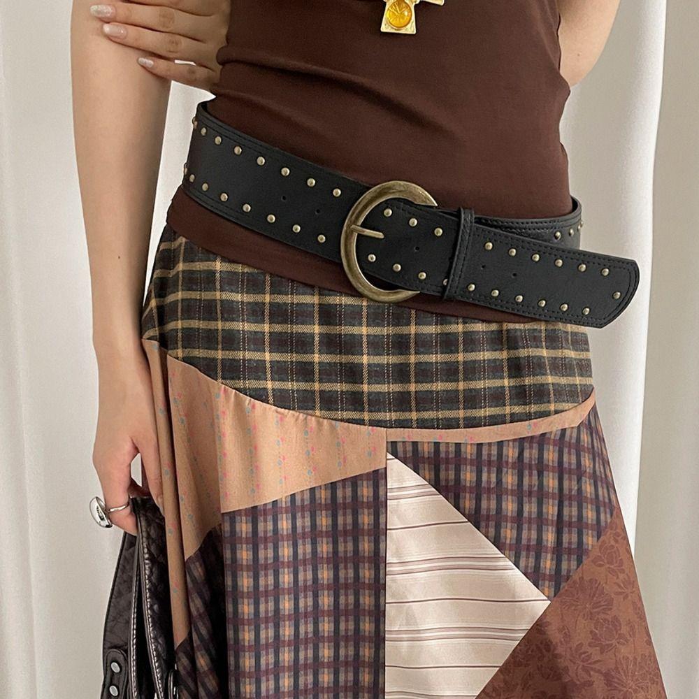 Suede Leather Waistband Rivet Western Cowboy Belt Adjustable Women Wide Belt Pants Accessories