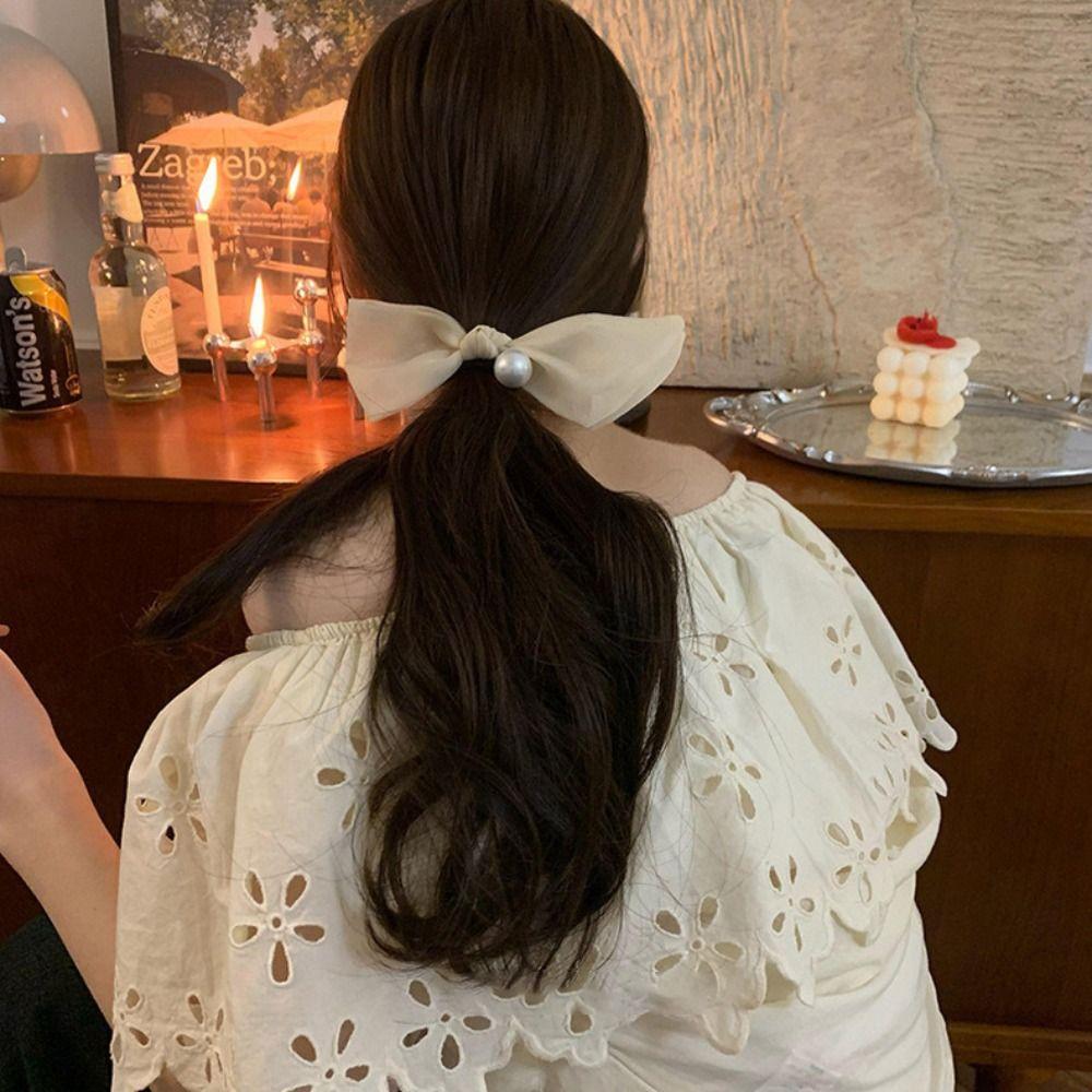 Mesh Pearl Bow Hair Loop Elastic Hair Rope Cute Headstring  Women Girl