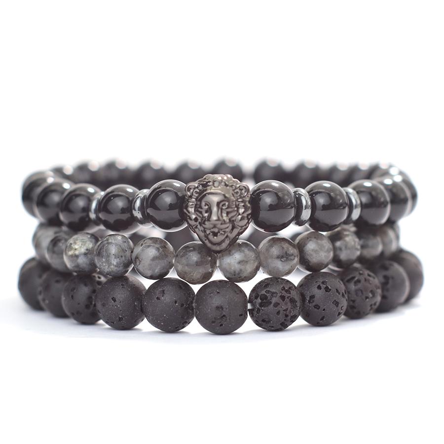 3 шт. бусины, нанизанные на бусины Будды, браслет для мужчин и женщин, крутые аксессуары в виде головы льва, черные блестящие бисерные украшения для рук из лавового камня для мужчин