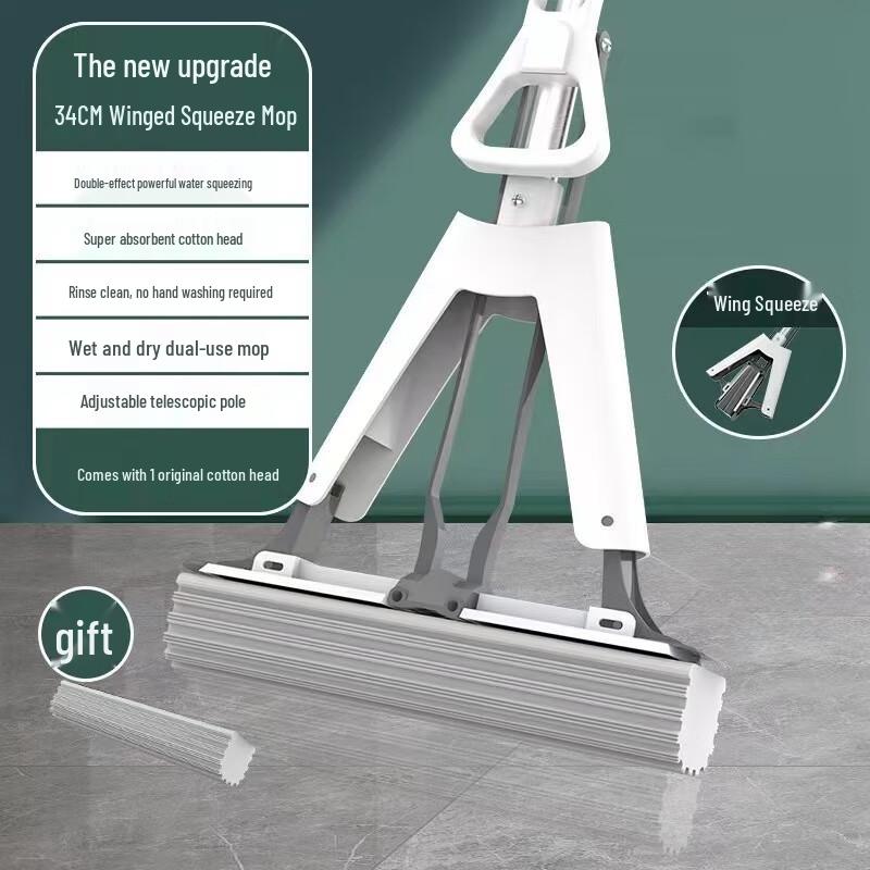 MDNG Telescopic Sponge Mop with Folding Bucket and 2 Heads