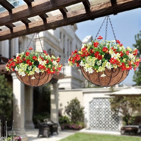 Искусственная подвесная корзина с цветами Устойчивые к УФ-лучам Искусственные цветы в корзине Искусственные цветы