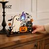 Small Halloween Statue for Table Ghost Ornaments with Pumpkin Tombstone and Bat Elements, Wooden Indoor Seasonal Holiday Decorations Tabletop