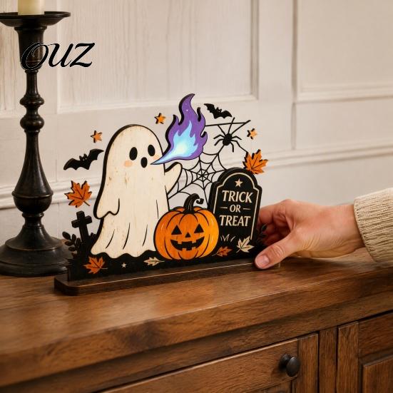 Small Halloween Statue for Table Ghost Ornaments with Pumpkin Tombstone and Bat Elements, Wooden Indoor Seasonal Holiday Decorations Tabletop