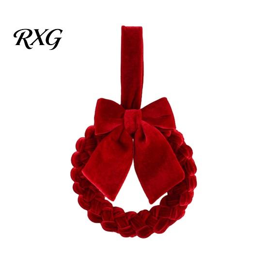 Red Christmas Wreath with Ribbon Velvet Wreath, Green Hanging Ornament Bow Soft Fabric Xmas for Table, Fireplace, Porch, Wall, New Year Party