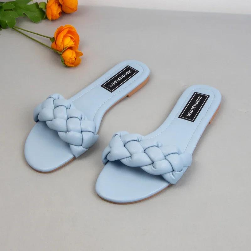 Модные Новые Дизайнерские Модные Летние Сандалии Женские На Плоской Подошве Женские Шлепанцы из ПУ Кожи Плетеные Шлепанцы Женские Уличные Пляжные Туфли