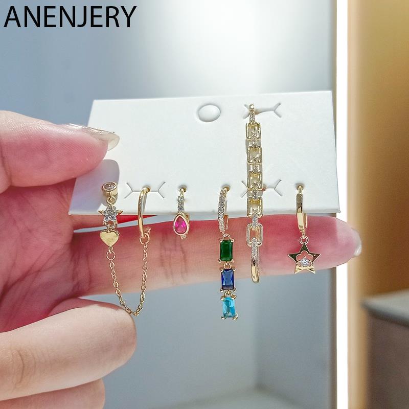 ANENJERY Цветной циркон, кулон, серьги-кольца со звездой для женщин, цепочка-клипса в форме сердца, набор серег из 6 предметов