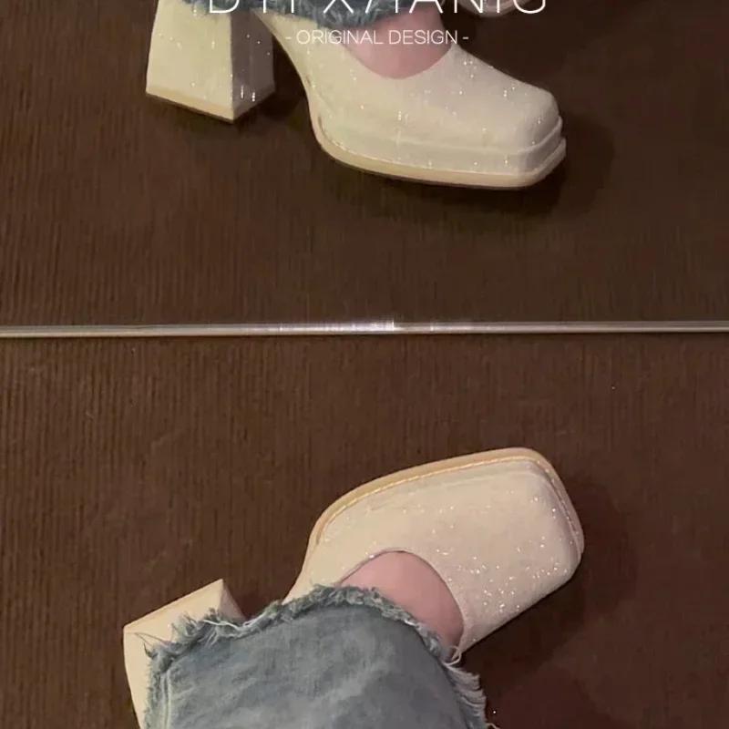 Новые модные туфли-лодочки в корейском стиле с квадратным носком для женщин, милые туфли Jane с бусинами, элегантные свадебные туфли для невесты, большие размеры 34-42