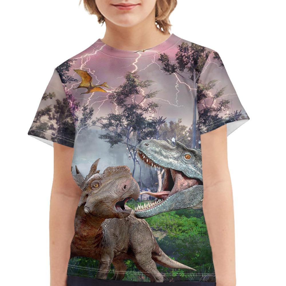 Children's Dinosaur and Cat 3D Digital Printed Boys' Casual and Comfortable Round Neck Short Sleeved T-shirt