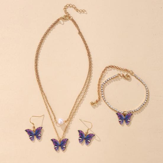 1 Set Dual Layers Butterflies Necklace Elegant Earrings Rhinestone Inlay Bracelet Jewelry Kit Accessories