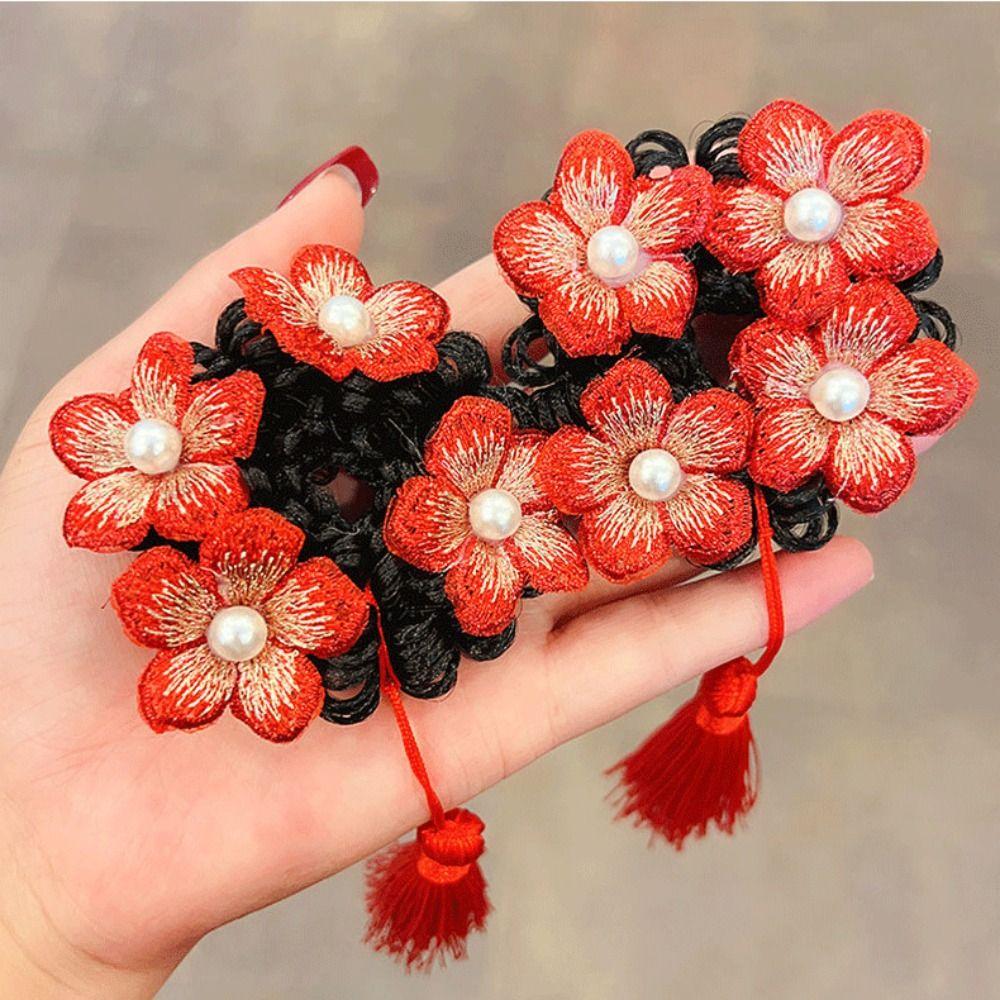 Дети-цветы Ханфу Кольцо для волос Красный Китайский Новый год Головной убор Милый бант Парик Коса Веревка для волос Малыш