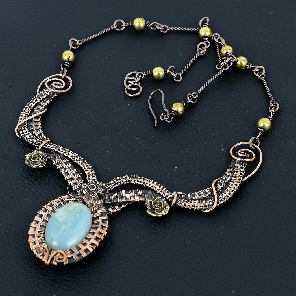 Ожерелье Аквамарин Ручная работа Ювелирные изделия, Ожерелье, обернутое медной проволокой 999 пробы, Дизайнерские ювелирные изделия с драгоценными камнями, Ожерелье с регулируемой цепочкой, Подарок для мамы