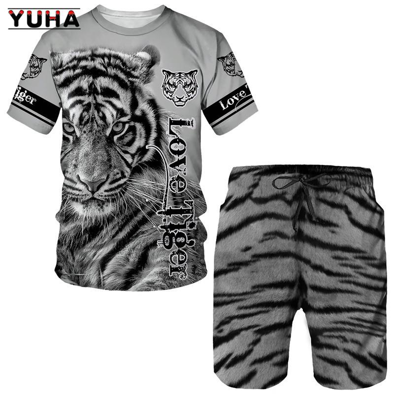 YUHA,Tiger King 3D Printed Men's T-shirt+Shorts Suit Unisex Cool Animal Summer O-Neck Tops Men/Women Couple Sport Wear Tracksuit