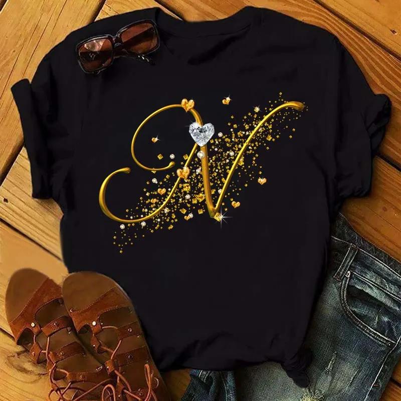 Custom Name Letter Combination Fashion Women T-shirt Diamond Gold Letter Font Short Sleeve Tops Black T-shirt