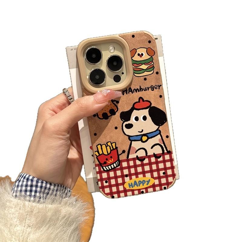 Hamburger French Fries Plaid Puppy Suede Autumn and Winter Women's Lanyard for Apple 17Promax/Air Mobile Phone Case