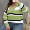 Women's Plus Size Pullover Fall New V Neck Color Patchwork Fashion Sweater
