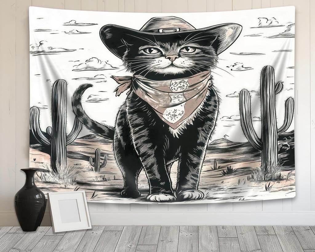 Funny Animals Tapestry,Cat Cowboy with Rifle Rides A Horse on Green Grass Ranch Cow Dog Wall Tapestry Hanging for Bedroom Living