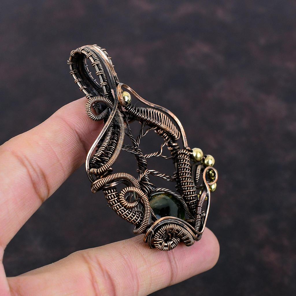 Кулон Древо Жизни из австралийского хромированного халцедона, обмотанный медной проволокой, кулон ручной работы, медные украшения, кулон с драгоценным камнем для подарка