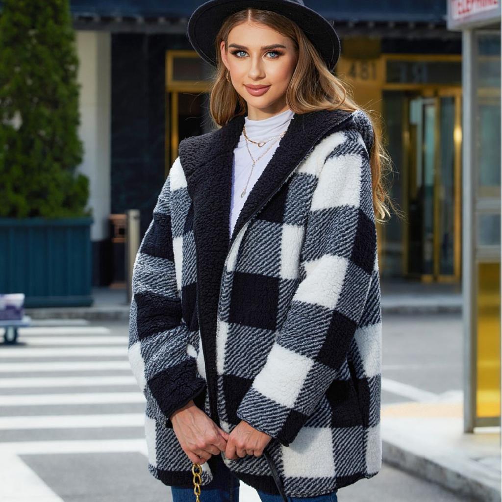 Женские пушистые флисовые куртки с капюшоном и открытым передом, длинный кардиган, пальто, теплая зимняя верхняя одежда, куртки с карманами, клетчатая искусственная меховая куртка большого размера для женщин