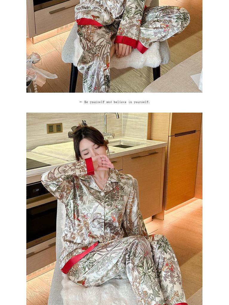 Ice Silk Women's Mori Style Long Sleeve & Pants Floral Pajama Set