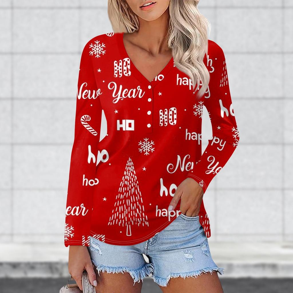 Women's Casual Fashion Sexy Comfort Christmas Prints V-Neck Button Long Sleeve T-Shirt Top