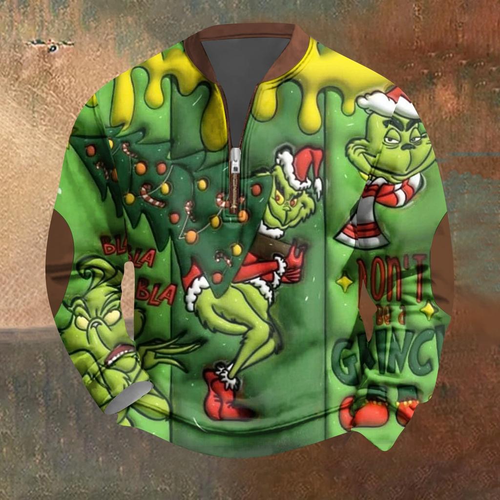 Мужская винтажная зеленая рождественская повседневная толстовка на молнии с трехмерным принтом, пуловер