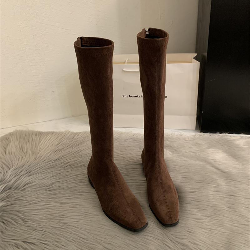 Зимние винтажные облегающие женские сапоги до колена, дизайнерские туфли на толстом каблуке, современные длинные боты для женщин