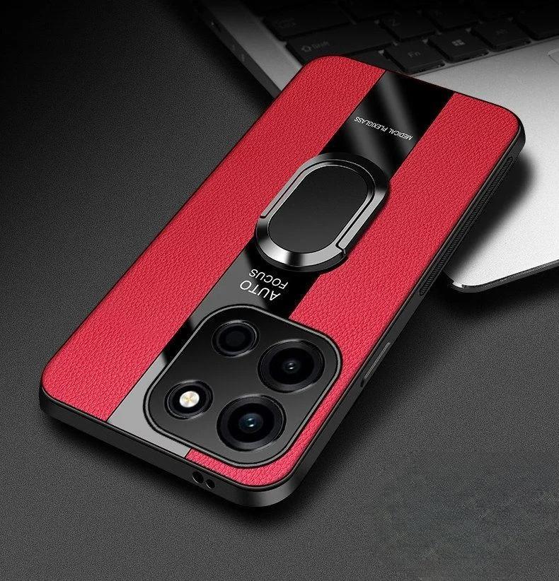 Чехол из Плексигласа и Полиуретановой Кожи для OnePlus Nord 6 с Магнитным Металлическим Кольцом-Подставкой Ударопрочный Защитный Чехол для OnePlus Nord 6 1+