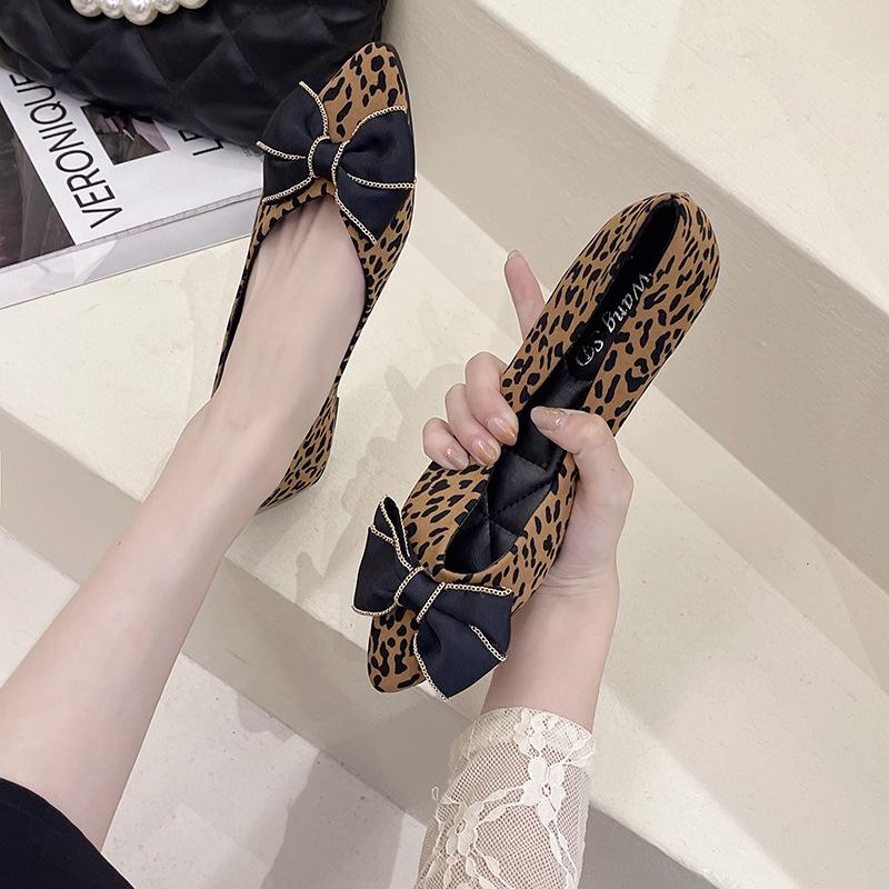 Leopard Print Single Shoes Spring New Pointy Bow Soft Sole Women 'S Shoes Net Red Comfortable Versatile Flat Shoes