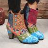 Women's Floral Pattern Boots, Side Zipper Casual Chunky Heel Ankle Boots, Versatile Round Toe Boots