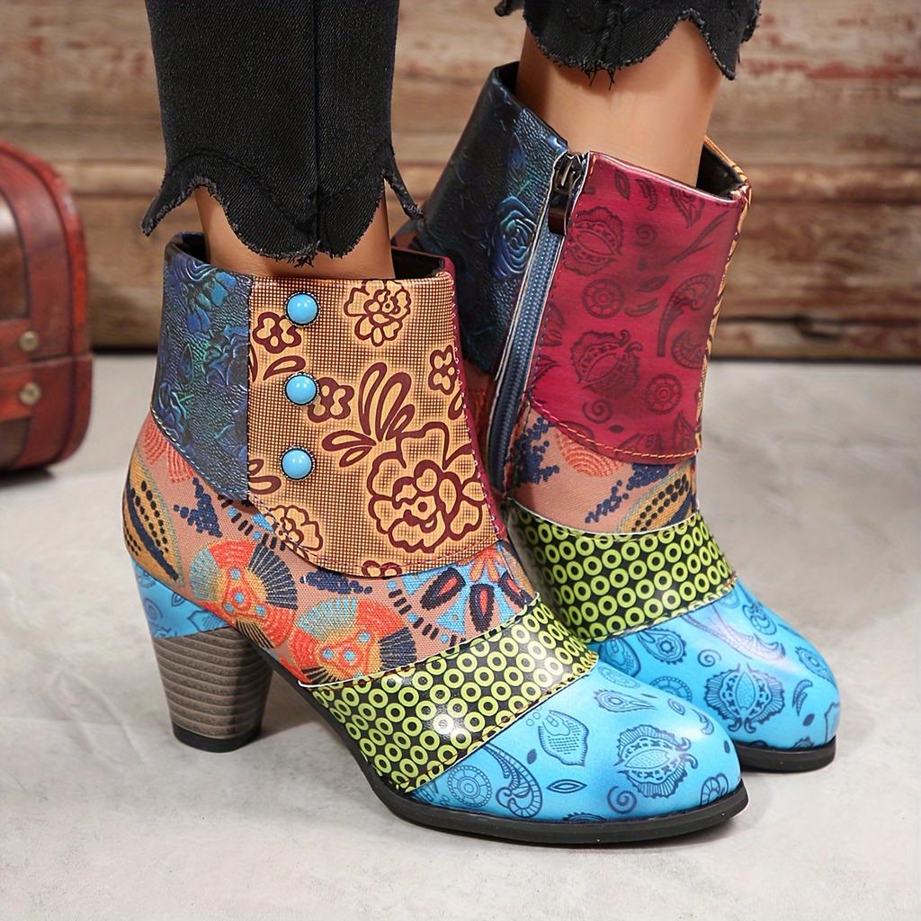 Women's Floral Pattern Boots, Side Zipper Casual Chunky Heel Ankle Boots, Versatile Round Toe Boots