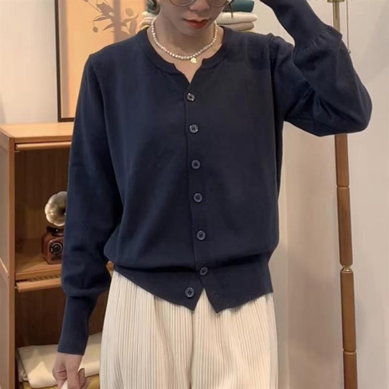 Тонкий вязаный кардиган женский осенний новый с круглым вырезом свободный короткий свитер куртка топ женский