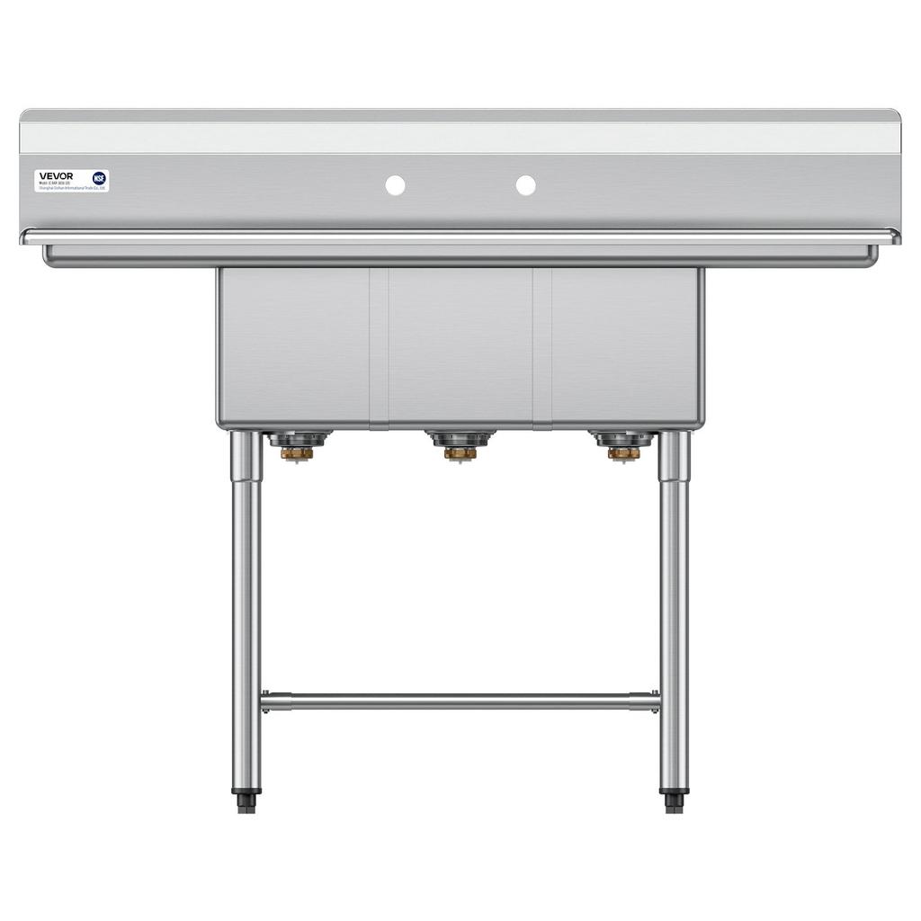 3 Compartment Sink, 18-Gauge 304 Stainless Steel, 254x356x254 mm Bowl Size, 3 Bay Commercial Kitchen Prep & Utility Sink with 2 Drainboards and