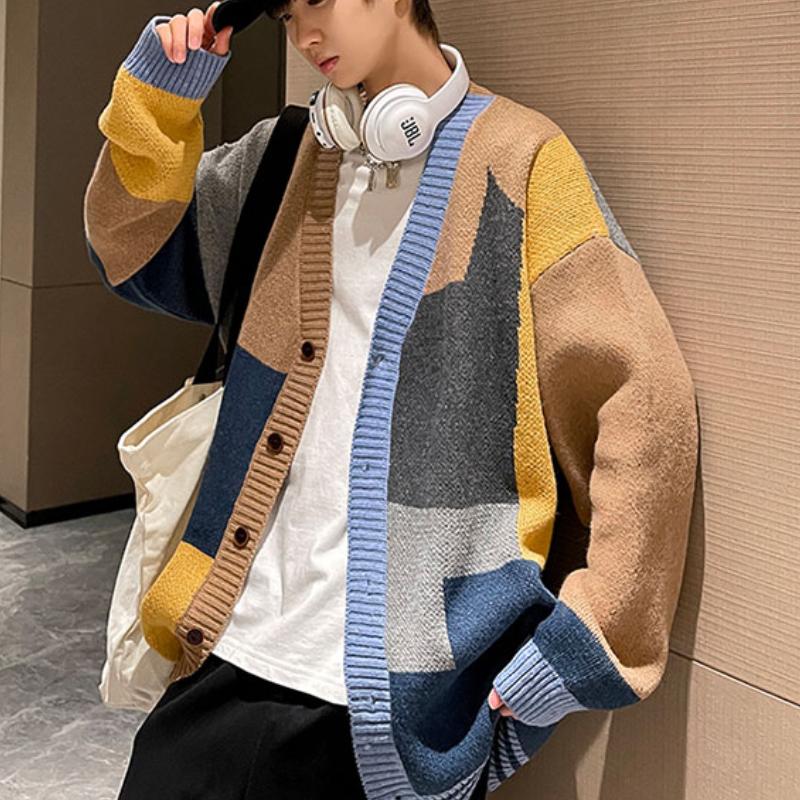 Осень и зима корейский стиль мода вязаные кардиганы свитер пэчворк цвет пара мужчины повседневные модные пальто куртка мужская одежда