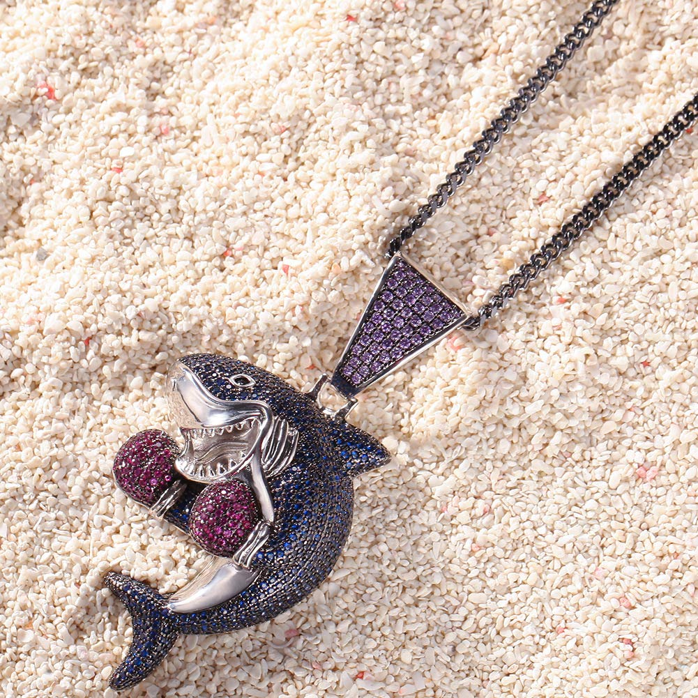 Цирконий CZ бриллиант блестящий посеребренный фиолетовый рыбный кулон в виде акулы уникальное ожерелье с боксерским крючком толстая хип-хоп рэпперская бижутерия цепь Kihei 24 дюйма унисекс