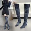 Fashion Sexy Jean Boots Women's Knee-High Boot Zipper 6CM High Heel Woman Stylish Jeans Boots Ladies Denim Boot Female Shoes Cowboy