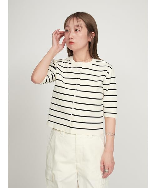 Emi Cool Touch Half Sleeve Knit BORDER Women's Top, 13WNT252041,