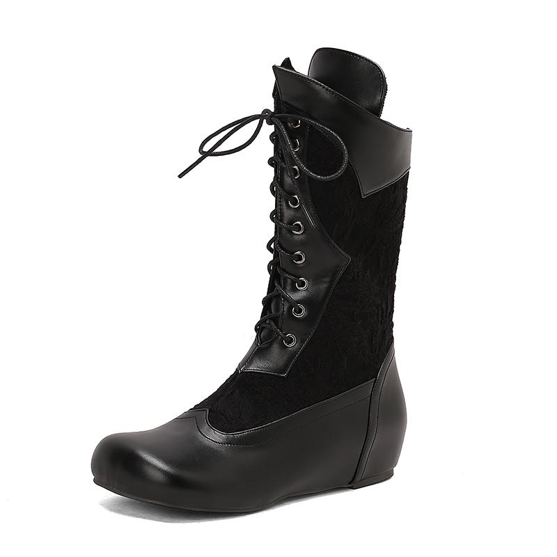 Мода 2025 Дизайн Сапоги до середины икры для женщин Круглый носок Внутренний каблук Шнуровка Большой размер 48 49 50 Модные ботильоны для свиданий